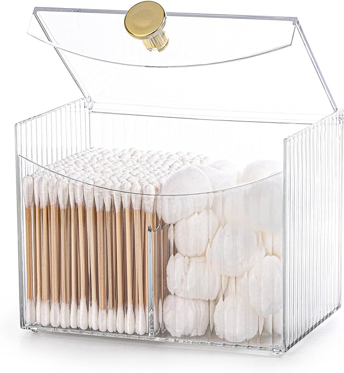 acDesign 2 Slot Qtip Holder Dispenser Rectangle Cotton Ball and Swab Holder Organizer with Lid Clear Bathroom Organizer Ja...