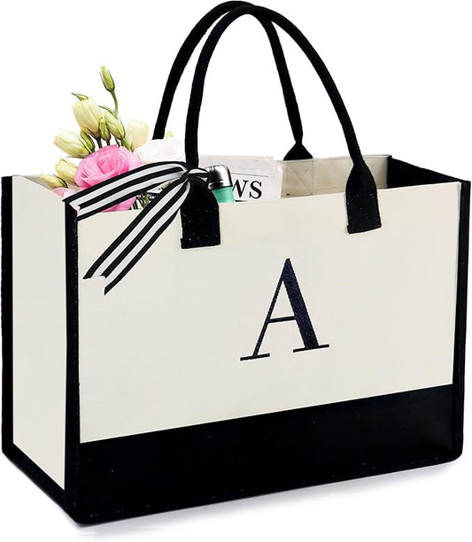 BeeGreen Embroidery Monogram Initial Tote Bag for Women Teacher Mom Friend Personalized Gift for Birthday Beach Work Wedding
