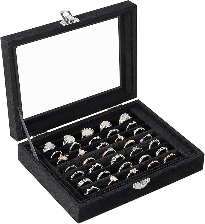 Jutieuo Velvet Ring Organizer Box, 7 Slots Jewelry Holder with Glass Lid Earring Display Tray Storage Case Gift for Women ...