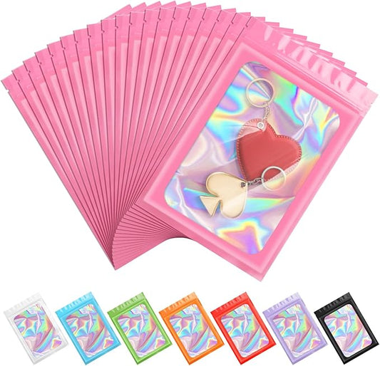 ANZNKU 100 Pack Holographic Mylar Bags, Smell Proof Sealable Packaging Bags with Clear Window for Small Business, Resealab...