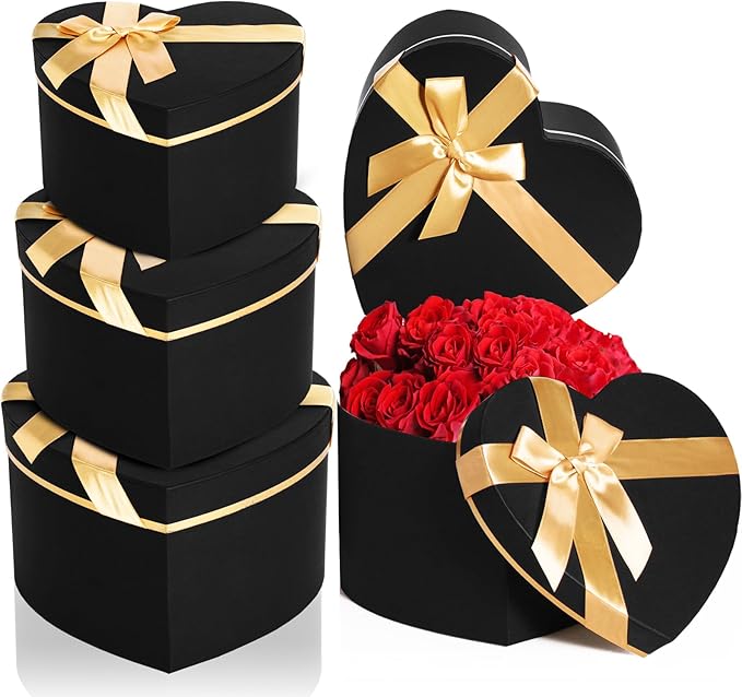 Resurhang Black 4 Pcs Valentines Heart Shaped Gift Box with Lid for Flower Arrangement Large Present Gift Box for Valentin...