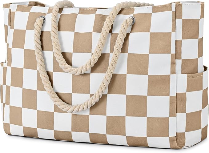 Becokan Beach Bags for Women Checkered Large Beach Tote Bag Zipper Beach Bags Waterproof Sandproof Canvas Swim Pool Bag