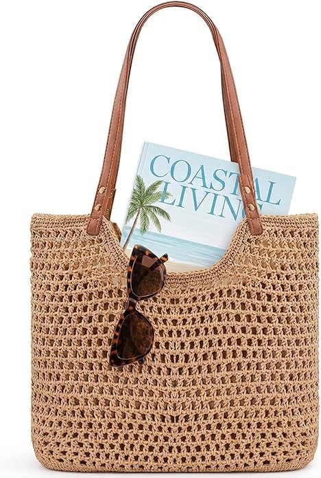 Crochet Beach Bags for Women, Reinforced Strap Woven Tote Bag with Zipper, Lined Boho Summer Vacation Travel Purse
