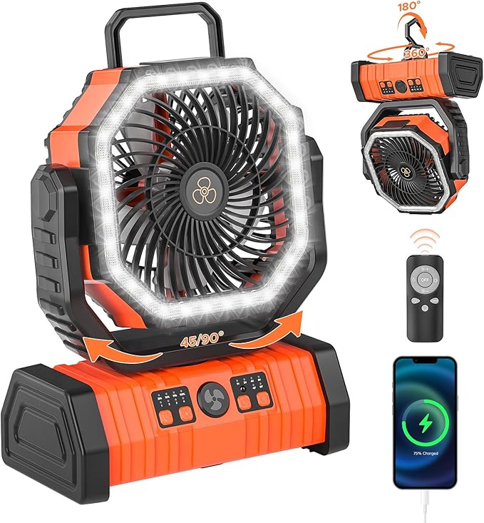 Rechargeable Camping Fan with LED Lantern, 20000mAh Auto-Oscillating Battery Operated with Remote/Hook/Timer, 8” Portable ...