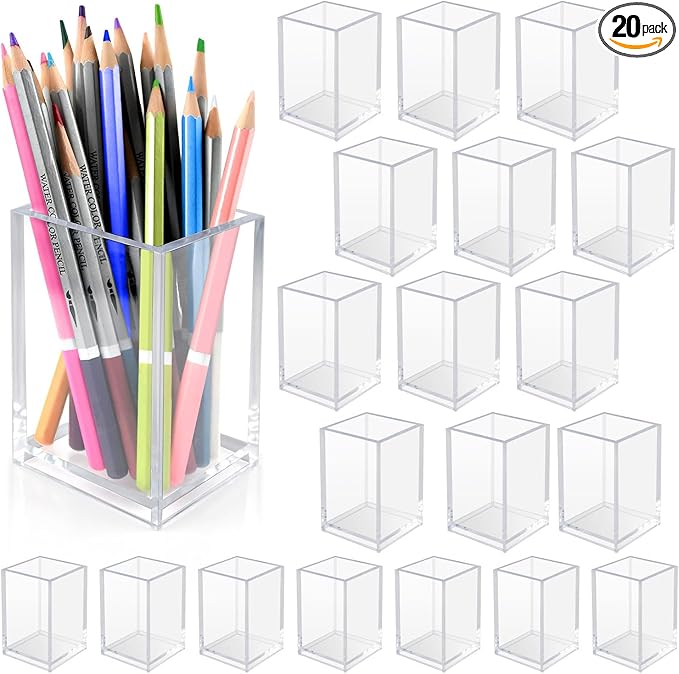 20 Pack Clear Acrylic Pen Holder for Desk, Pencil Cup Makeup Brush Organizer, Square Acrylic Pencil Holders for Office Sch...
