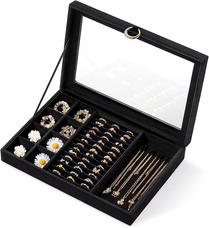 bussdis Glass Lid Jewelry Organizer Box – Black Velvet Jewelry Case with Ring Slots, Necklace Hooks & Removable Compartmen...