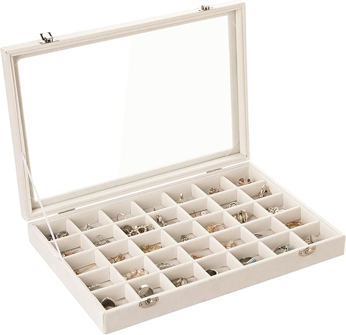 Frebeauty Velvet Jewelry Tray,35 Grid Jewelry Organizer with Clear Lid,Earring Holder Organizer Case with Clasp,Drawer Ins...