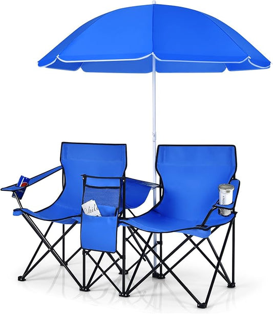 COSTWAY Double Portable Picnic Chairs, Folding Camping Chairs w/Detachable Umbrella, Cooler Bag, Cup Holders, Patio Beach ...