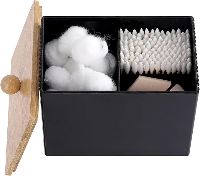 Ohlove Qtip Holder with Bamboo Lids, 3 Compartments Cotton Ball/Swabs Dispenser, Apothecary Jar Plastic Container for Stor...
