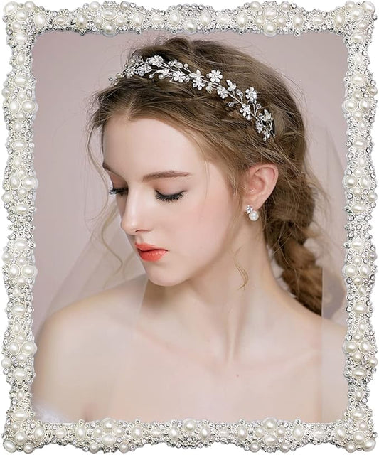 DIKAR 8x10 Picture Frame with Pearl for Wedding, Silver Plated with HD Acylic Finish Photo Frames with Rhinestones for Hor...