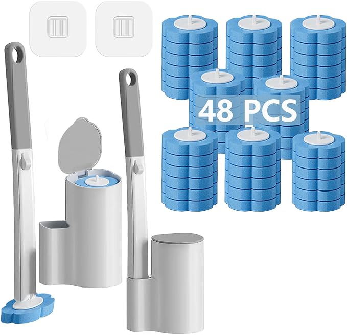 Ucaimao 2 Pack Disposable Toilet Brush and Holder Set,Extended Handle with 48 Cleaner Refills Toilet Brush for Toilet Bowl...