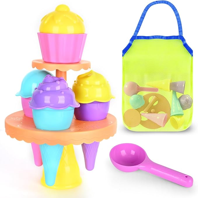 SupMLC Beach Toys Ice Cream Sand Toys - Toddlers Beach Essentials for Kids Girls Boys, Sand Molds, Shovels with Collapsibl...