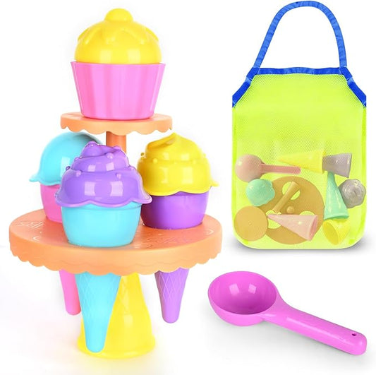 SupMLC Beach Toys Ice Cream Sand Toys - Toddlers Beach Essentials for Kids Girls Boys, Sand Molds, Shovels with Collapsibl...