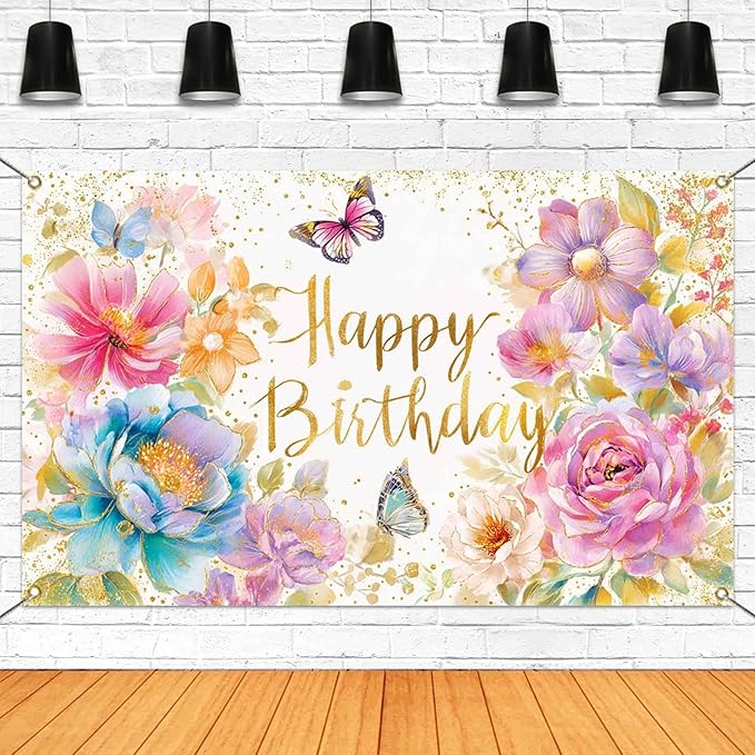 Mocsicka Floral Happy Birthday Banner Pink Flowers Butterfly Spring Party Decorations for Women Girls Photography Backgrou...