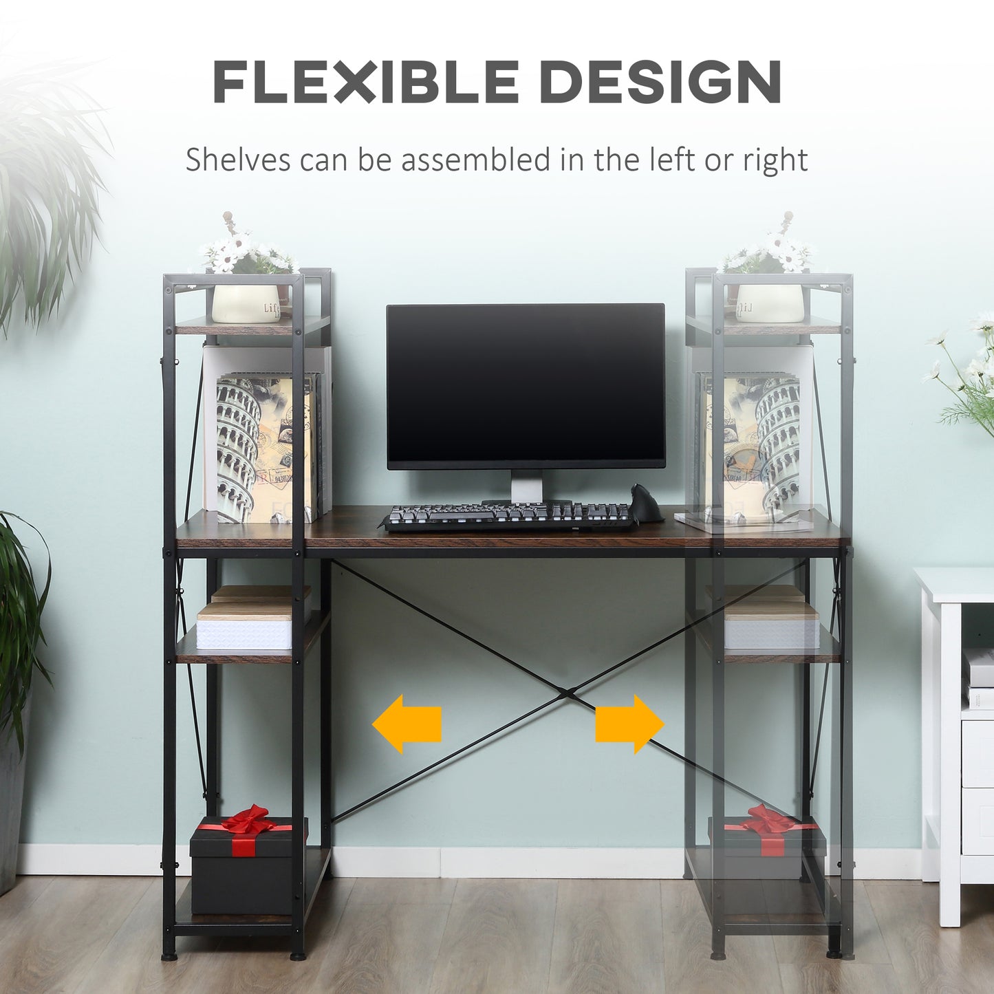 Reversible Computer Desk With Storage Shelves On Left Or Right, Industrial Reversible Writing Desk For Home Office, Study, Easy Assembly, 120 X 64 X 121cm, Rustic Brown And Black