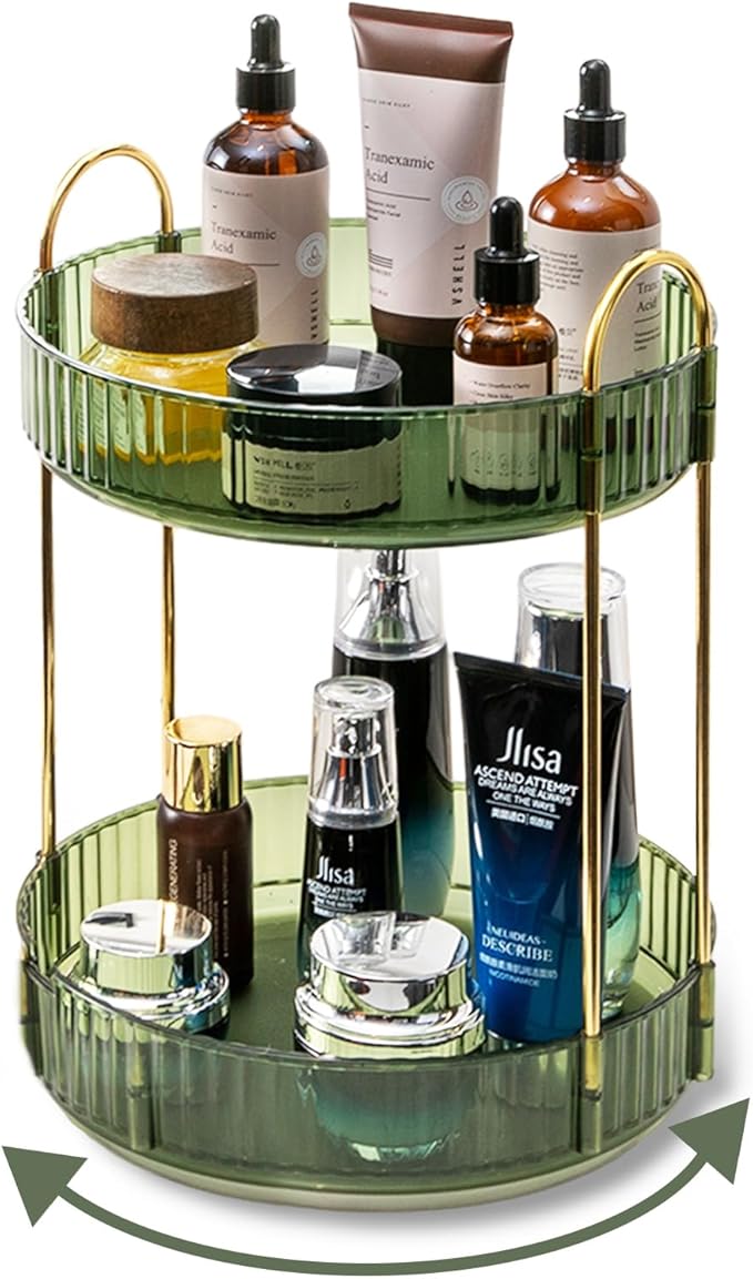 Asayuee 360 Rotating Makeup Organizer for Vanity,2 Tier Large Capacity Skincare Organizers,Bathroom Counter Organizer, Spi...