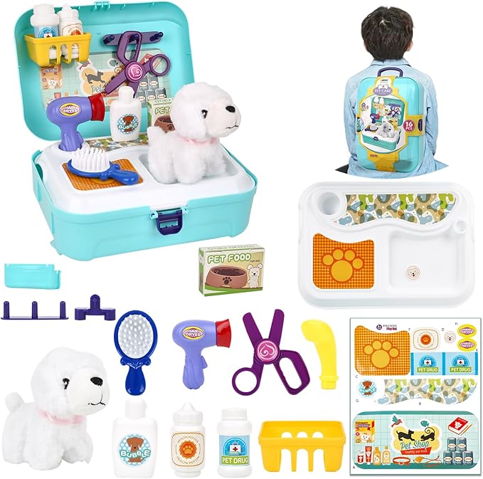 Pet Care Play Set for Kids, 16Pcs Doctor Kit Pretend Play Vet Puppy Dog Grooming & Feeding Toys with Backpack, Educational...