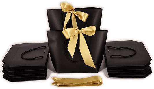 HUAPRINT Gift Bags with Handles,7.48×3.54×7.9 inches,Party Favor Bags with Bow Ribbon,12Pcs Black Paper Bags for Birthday ...