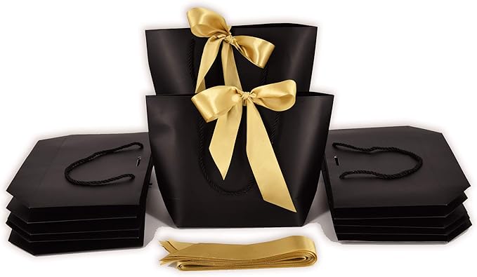 HUAPRINT Gift Bags with Handles,7.48×3.54×7.9 inches,Party Favor Bags with Bow Ribbon,12Pcs Black Paper Bags for Birthday ...