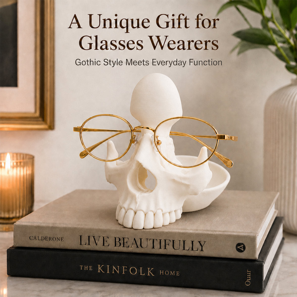 3D Printed Skull Eyeglass Holder With Storage Tray, Gothic Desktop Decor, Glasses Display Stand For Rings And Small Trinket