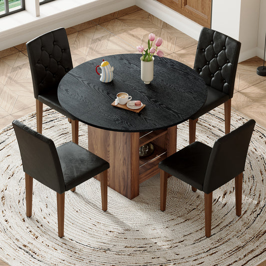 Table And Chair Set. 42 Inch Round MDF Black Dining Table With Double-layer Storage Shelves. Paired With 4 Black PU Chairs With Decorative Buckle Design On The Backrest.For Dining Room,Kitchen,etc.