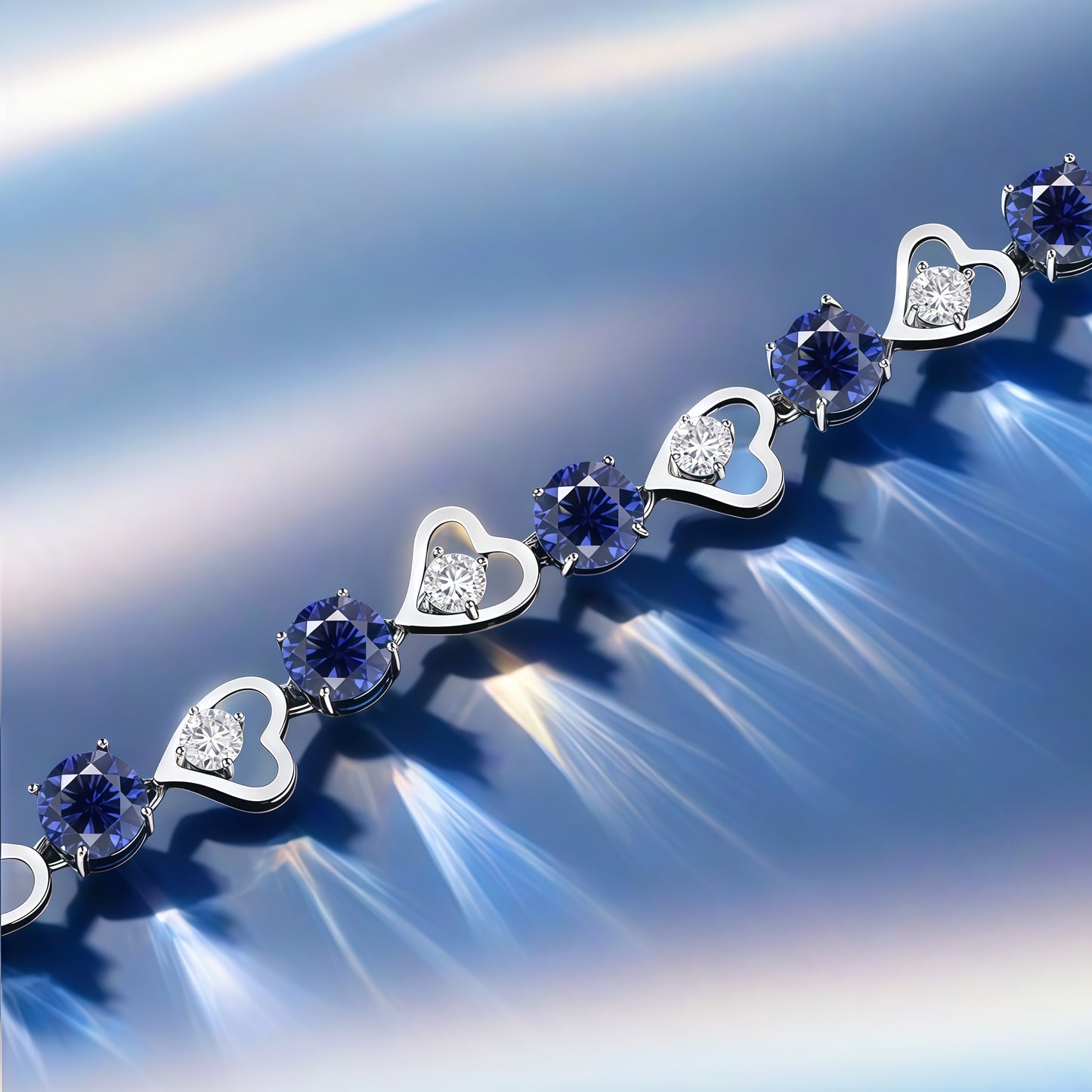Heart Link Round Blue CZ Tennis Bracelet For Women, Copper Plated Silver With Adjustable Extension Chain Sapphire Color Cubic Zirconia Romantic Wedding Jewelry Gift