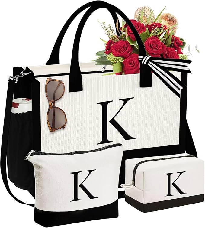 YOOLIFE Mothers Day Gifts - Initial Canvas Tote Bag & Makeup Bag, Birthday Gifts for Women Mom Sister Friends