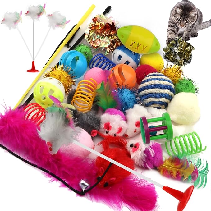 Cat Toys Kitten Toys Assortments, 32 Packs Cat Toys Variety Pack for Kitty, Cat Balls with Bells,Cat Feather Toy, Cat Mous...