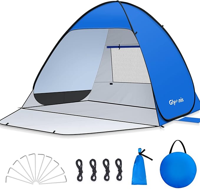 Glymnis Pop Up Beach Tent Beach Shade Tent for 1-4 Persons Sun Shelter UPF 50+ Enclose Zipper Door Portable Easy Up Beach ...