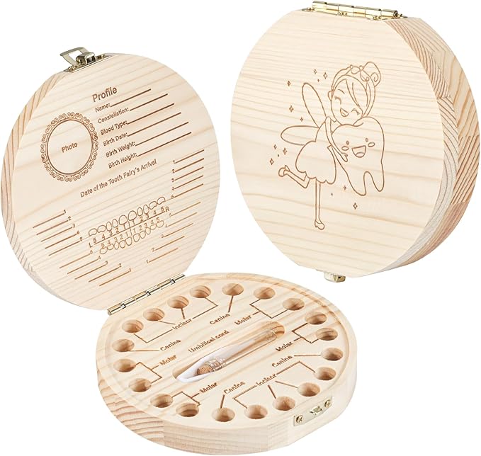 Annhua Tooth Fairy Tooth Holder Wooden Umbilical Cord Keepsake Box, Cute Baby Teeth Keepsake Box with Tweezer and Fetal Ha...