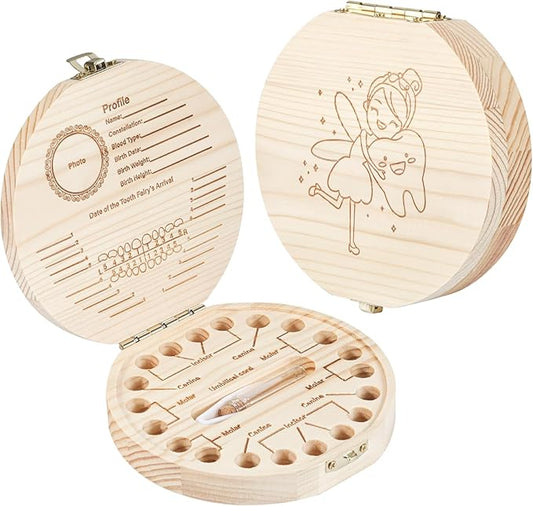 Annhua Tooth Fairy Tooth Holder Wooden Umbilical Cord Keepsake Box, Cute Baby Teeth Keepsake Box with Tweezer and Fetal Ha...