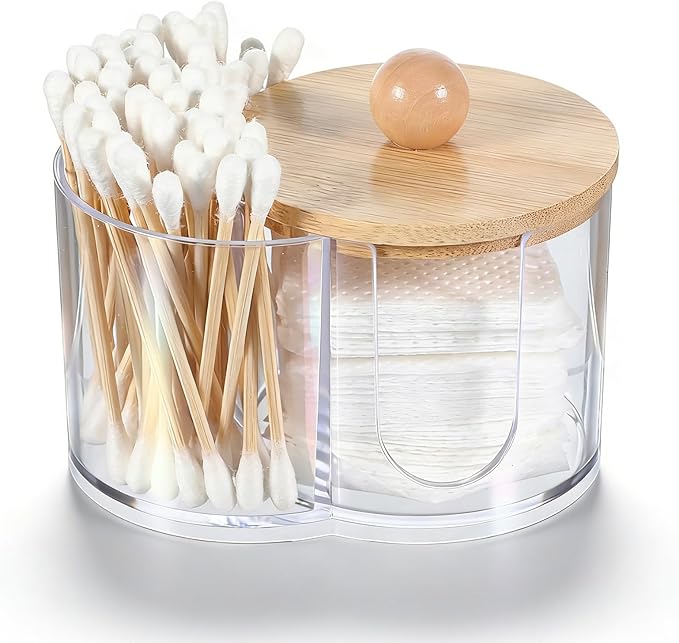 Quilax Cotton Round Holder, Dual Compartment Qtip Dispenser with Removable Dustproof Lid, Clear Plastic Cotton Pad Holder,...