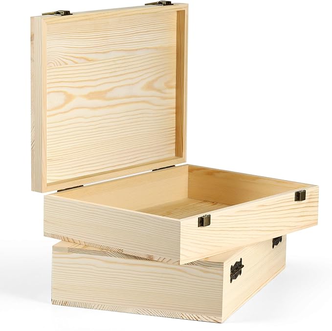 HIPNOOK 2 Pack Unfinished Wooden Box with Lid – 12"x9"x3.1" Decorative Storage Keepsake Memory Boxes Natural Pine Wooden B...