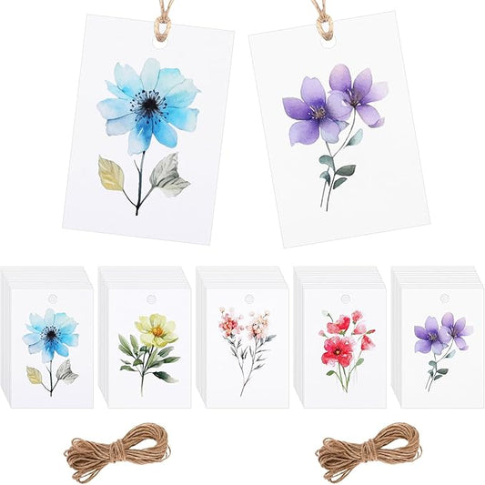 100 Pcs Gift Tags with String Floral Blank Price Tags 2 X 3 in Paper Watercolor Floral Tag Set for 5 Flower Designs Person...