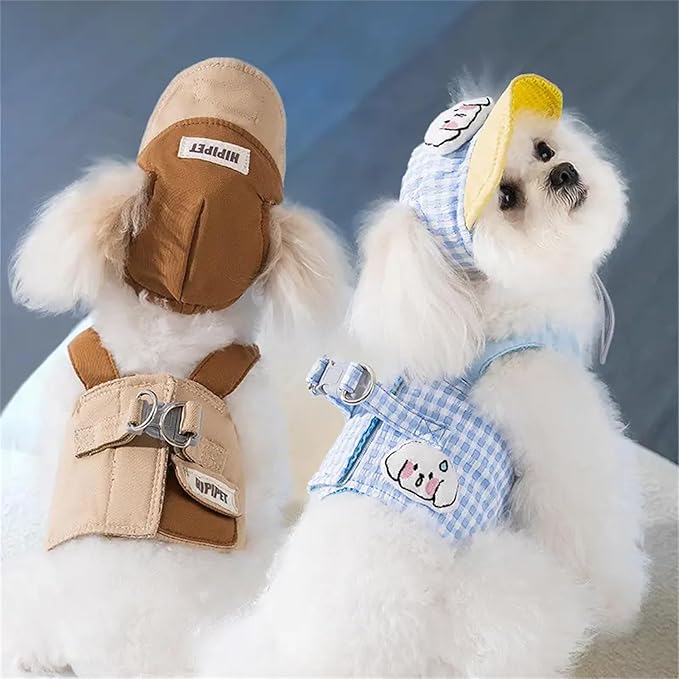 ETOSEM Dog Harness with Hat Set, Blue Gingham Pattern, Adjustable Safety Buckle and Leash Attachment (Brown, Large(8-12lb))