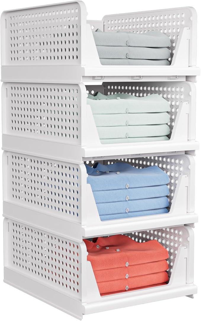 4 Pack Stackable Closet Storage Basket - Stackable Storage Bins, Multifunctional & Foldable Closet Organizer Divided, Ward...