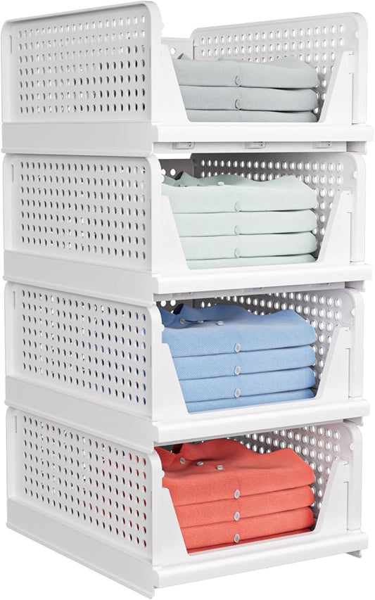4 Pack Stackable Closet Storage Basket - Stackable Storage Bins, Multifunctional & Foldable Closet Organizer Divided, Ward...