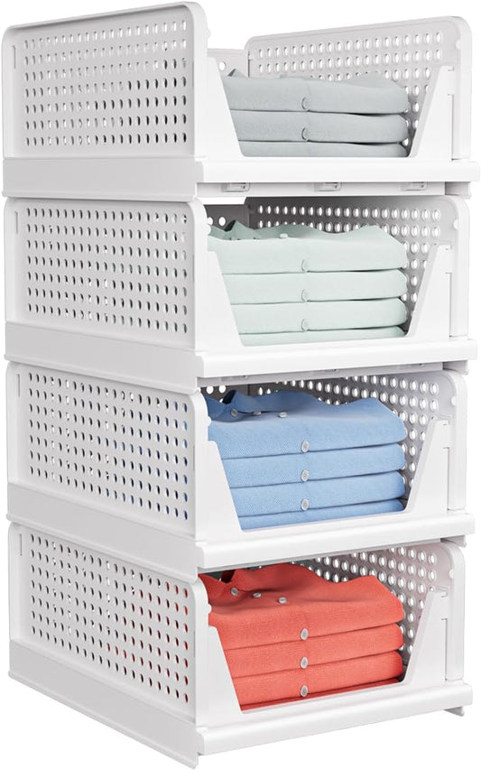4 Pack Stackable Closet Storage Basket - Stackable Storage Bins, Multifunctional & Foldable Closet Organizer Divided, Ward...