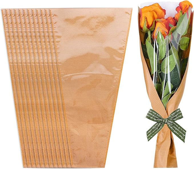 Whaline 50Pcs Flower Wrapping Bags Mother's Day Kraft Paper Floral Packing Sleeves Bouquet Bags Clear Flower Wrapping Slee...