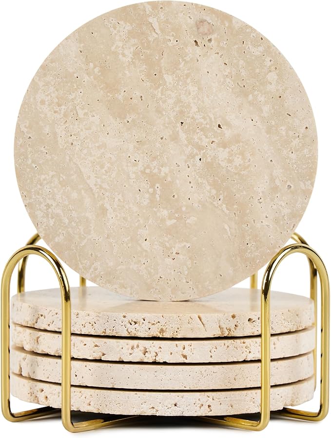 YONGHEE Italian Travertine Coasters Set of 5 with Holder, Round Beige Marble Drink Coasters for Coffee Table Decor Housewa...