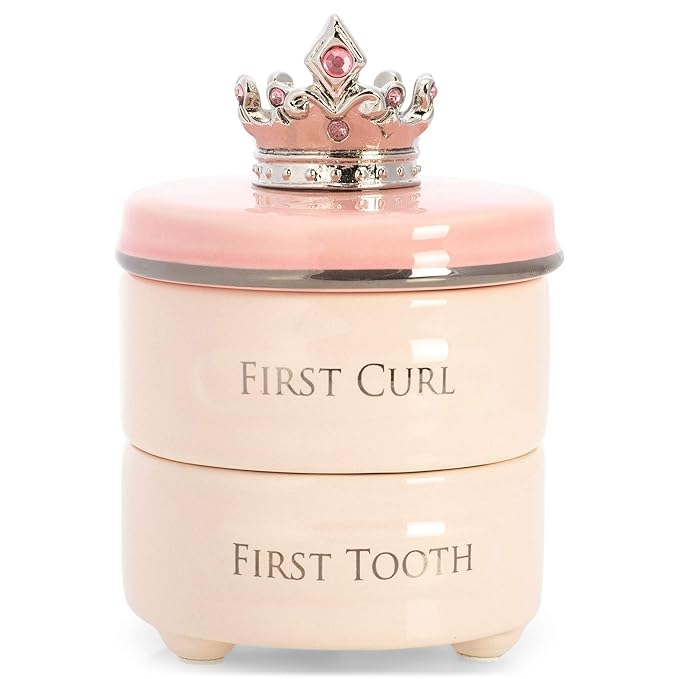 DEMDACO First Tooth and Curl Pink Ceramic Stoneware Children's Stackable Keepsake Box