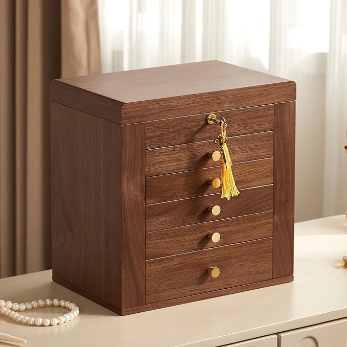 Homruilink Black Walnut Wooden Jewelry Box, Wood Jewelry Organizer with 2 Side Doors Mirror Lockable Classical Style for W...