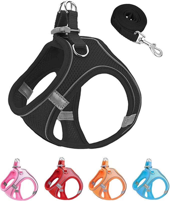 JUFOO XXS Black Soft Mesh Dog Harness and Leash Set,No Escape Puppy Harnesses for Training Walking， Reflective Adjustable ...