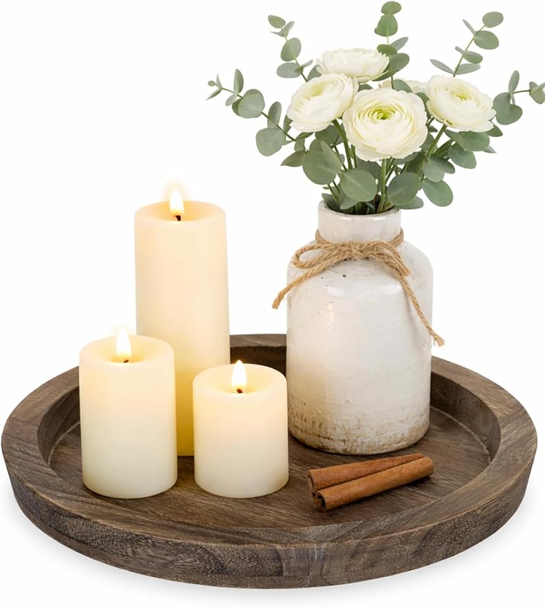 Hanobe Candle Plate Holder Tray: Round Wood Decorative Candle Plate - Rustic Farmhouse CoffeeTable Decor - Tealight Pillar...