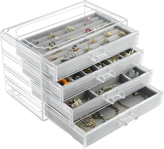 Weiai Acrylic Jewelry Organizer, Clear Jewelry Box with 4 Drawers, Jewelry Case Storage for Women (Gray)