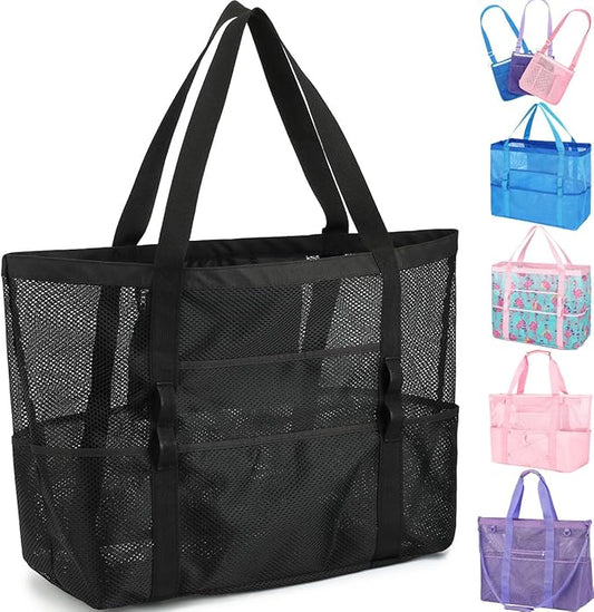 Fammart Mesh Beach Bag for Women, Large Beach Toy Pool Bag with Zipper Pocket, SandProof Cruise Essentials 2026 Family Travel