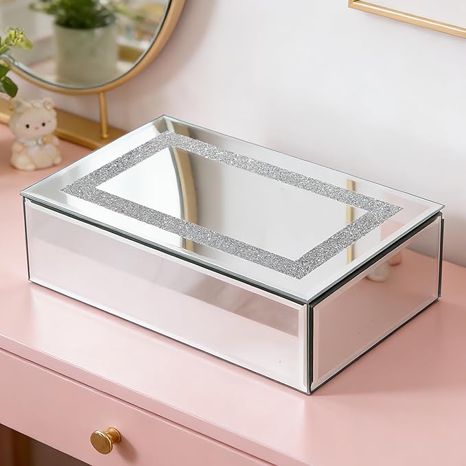 Poayewly Luxury Mirrored Jewelry Box with Crushed Diamond - Glass Jewelry Box Organizer Storage Ring Holder Case for Women