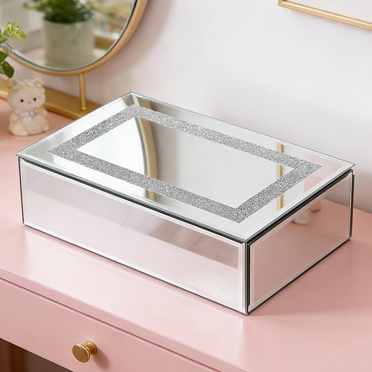 Poayewly Luxury Mirrored Jewelry Box with Crushed Diamond - Glass Jewelry Box Organizer Storage Ring Holder Case for Women