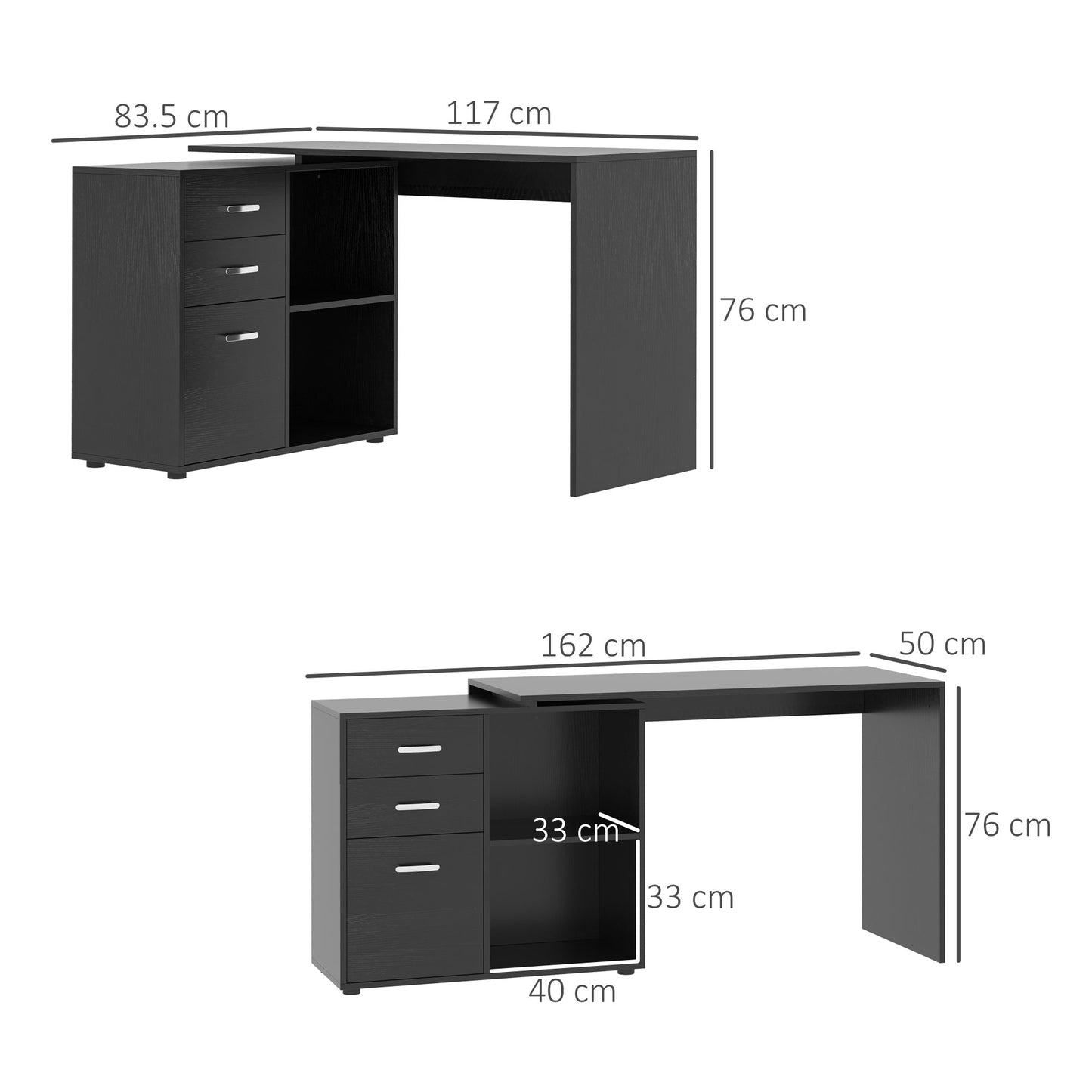 L Shaped Computer Desk, Reversible Home Office Desk With Drawers, File Cabinet And Storage Shelves, Study Table, 117 X 83.5 X 76cm, Black