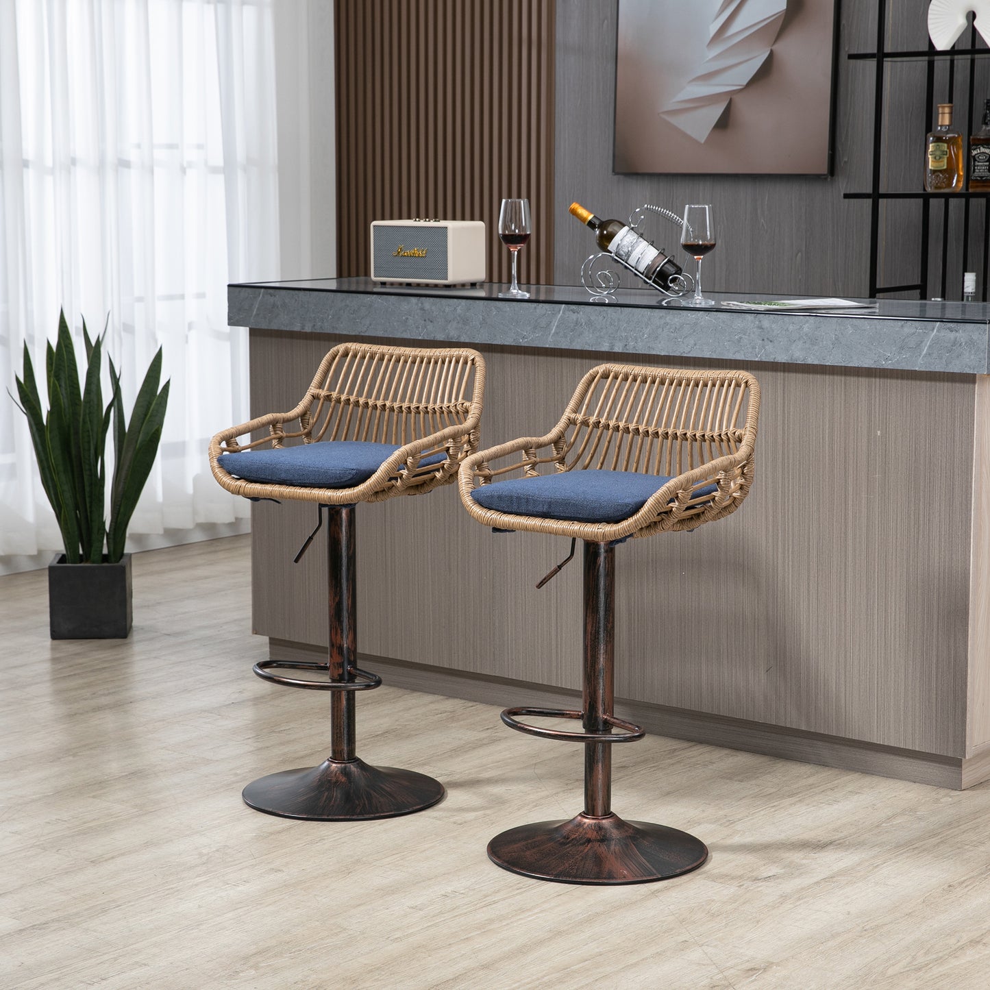 Modern Swivel Bar Stools Set Of 2 Adjustable Counter Height Chairs With Footrest For Kitchen, Dining Room  Blue